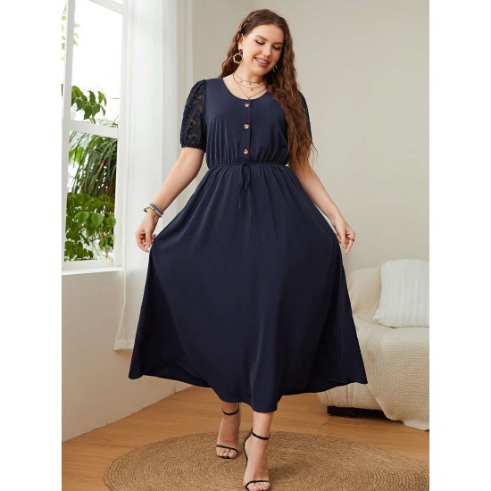 Plus Size Dark Blue  Puff Sleeve Solid Dress