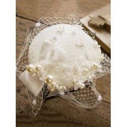 White Pearl Mesh Bow Vintage Hat