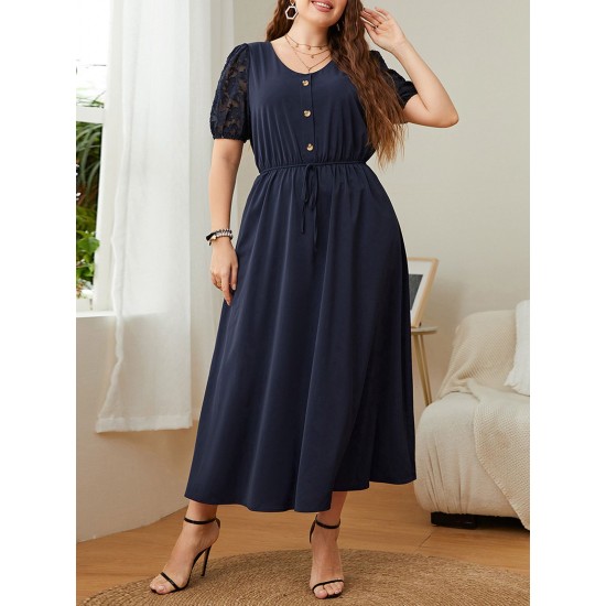 Plus Size Dark Blue  Puff Sleeve Solid Dress