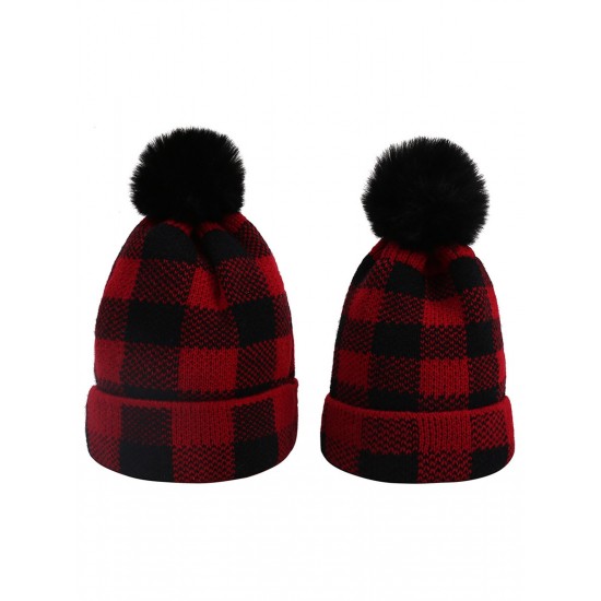 Red & Black Plaid Hairball Knitted Child Hat