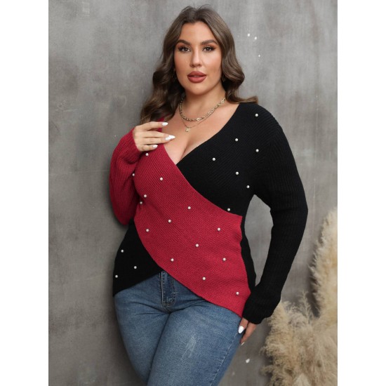 Plus Size  V-Neck Cross Sweater With Pearl