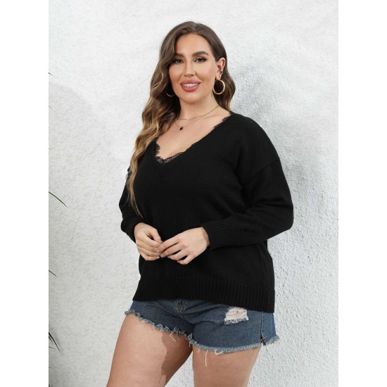 Plus Size Black V-Neck Lace Patchwork Knit Top