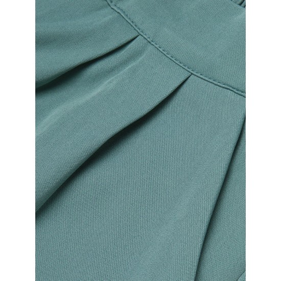 Mint Green  Solid Pleating Decorative Pocket Shorts