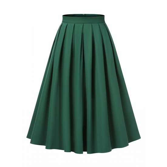 Green  Solid Pleated Skirts