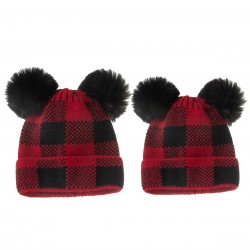 Red & Black Plaid Hairball Knitted Child Hat