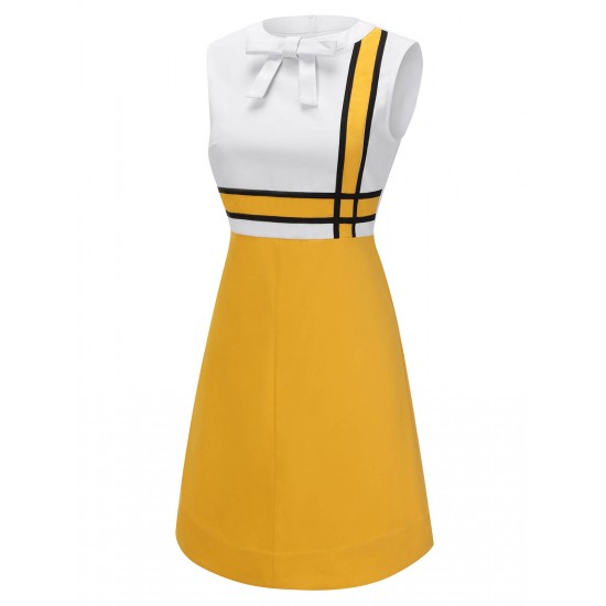 White & Yellow  Bowknot Patchwork Dress