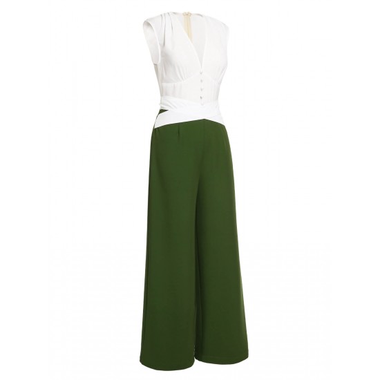 White & Dark Green  Back Bow Jumpsuit