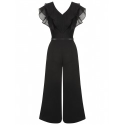 Black  Muslin Patchwork Belted Jumpsuit