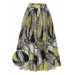 Green & Black  Patterned Pleated Midi Skirt