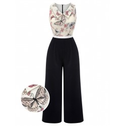 Black & White  Lapel Floral Butterfly Jumpsuit