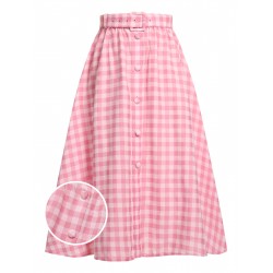  Pink Plaid Button Skirt With Belt