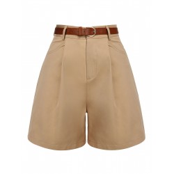 Khaki  Solid Cotton Blend Belted Shorts