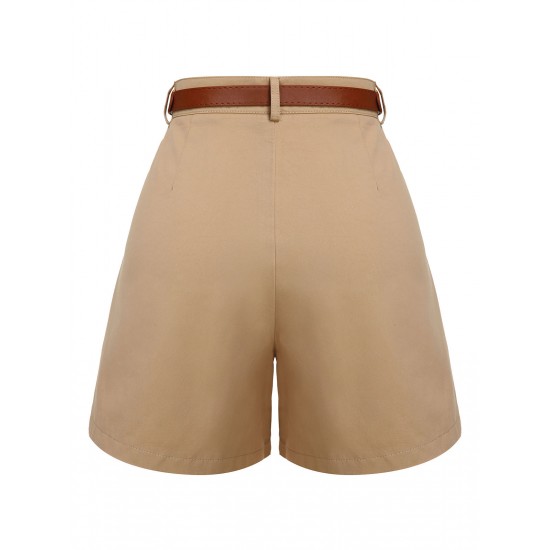 Khaki  Solid Cotton Blend Belted Shorts