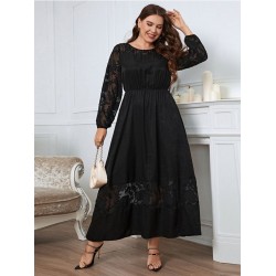 Plus Size Black  Long Sleeve Solid Lace Dress