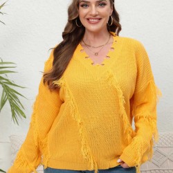 Plus Size Yellow  V-Neck Tassel Loose Sweater