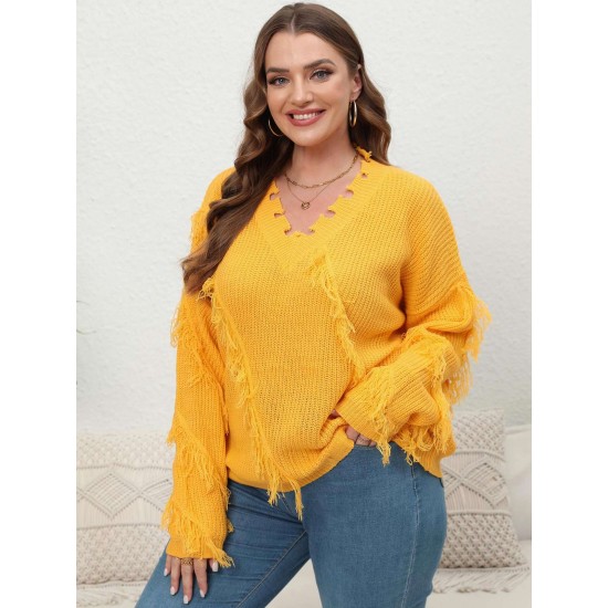 Plus Size Yellow  V-Neck Tassel Loose Sweater