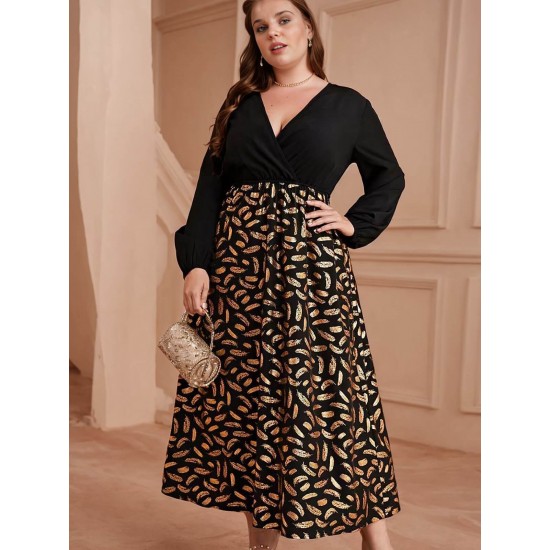 Plus Size Black  Feather Patchwork V-Neck Dress