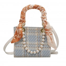 Blue Houndstooth Plaid Pearl Scarf Chain Handbags