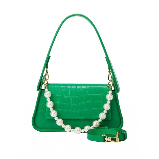 Pearl Chain Imitation Crocodile Leather Shoulder Bag