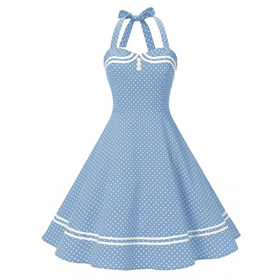 Blue  Polka Dot Halter Swing Dress