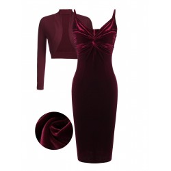 2PCS Wine Red  Velvet Bodycon Dress