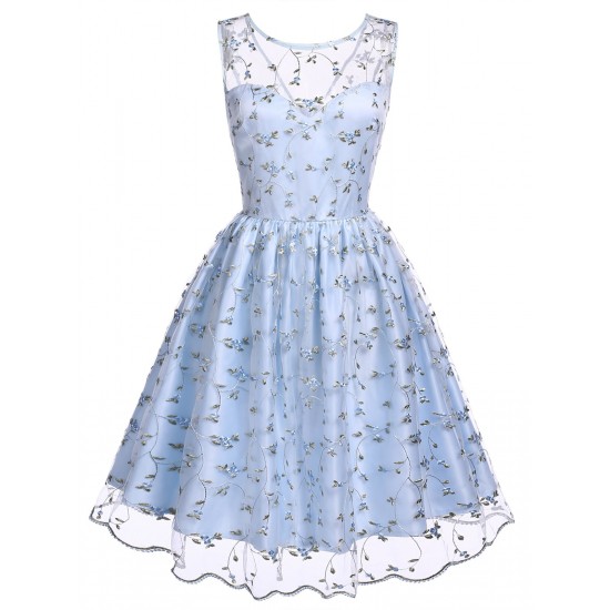 Blue  Floral Embroidery Lace Dress