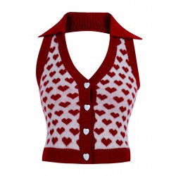 Red  Knitting Heart Halter Button Tops