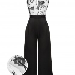 Black White  Floral Halter Strap Jumpsuit