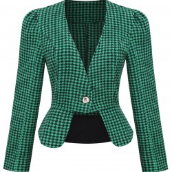 Green   Plaid Button Fitted Blazer