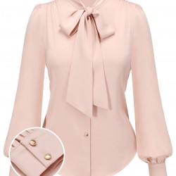 Pale Pink  Bowtie Collar Satin Tops