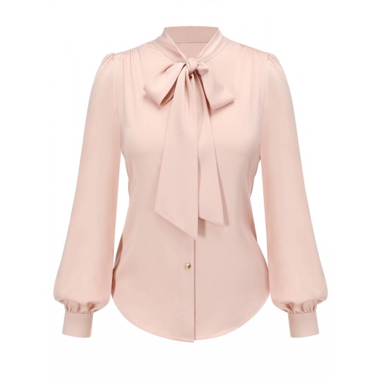 Pale Pink  Bowtie Collar Satin Tops