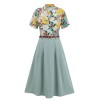 2PCS Light Blue  Floral Blouse & Solid Belted Skirt