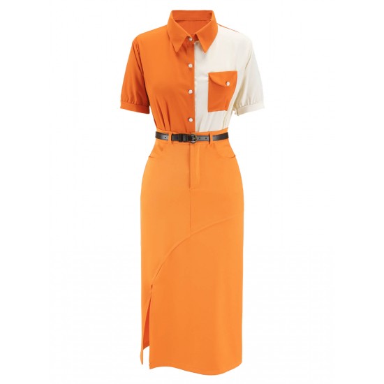  2PCS Vintage Orange Shirt & Slit Skirt