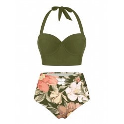 Olive  Lace-Up Halter Flowers Bikini Set