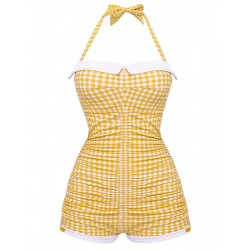 Checked  Halter Bowknot One-piece Swimsuit