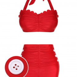 Red  Button Ruffles Halter Swimsuit