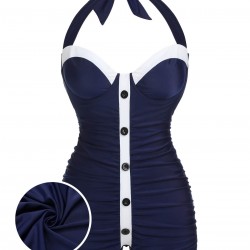 Navy Blue  Pleated Halter Swimsuit