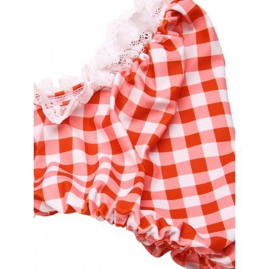 2PCS  Plaid Lace Patchwork Swimsuit