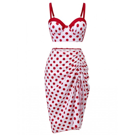 Red  Polka Dot Pleated Swimsuit