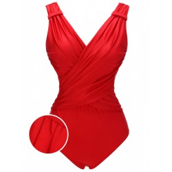 Red  V-Neck Solid One-piece Swimsuit