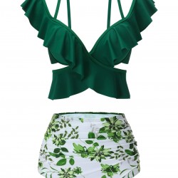 Green  Ruffles Floral Spaghetti Strap Swimsuit