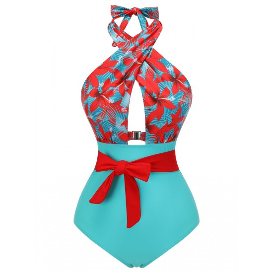  Bow Tie Floral Cross Straps Swimsuit