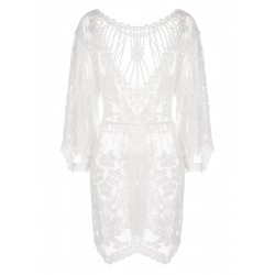 White V-Neck Embroidered Lace Cover-up