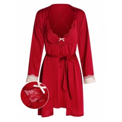 2PCS Red  Lace Patchwork Nightgown